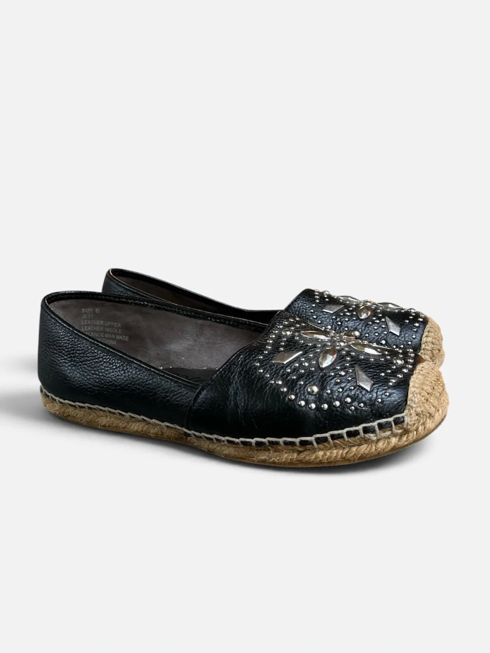 Brighton Jett Leather Studded Espadrille Moccasin Flat in Black Size 6